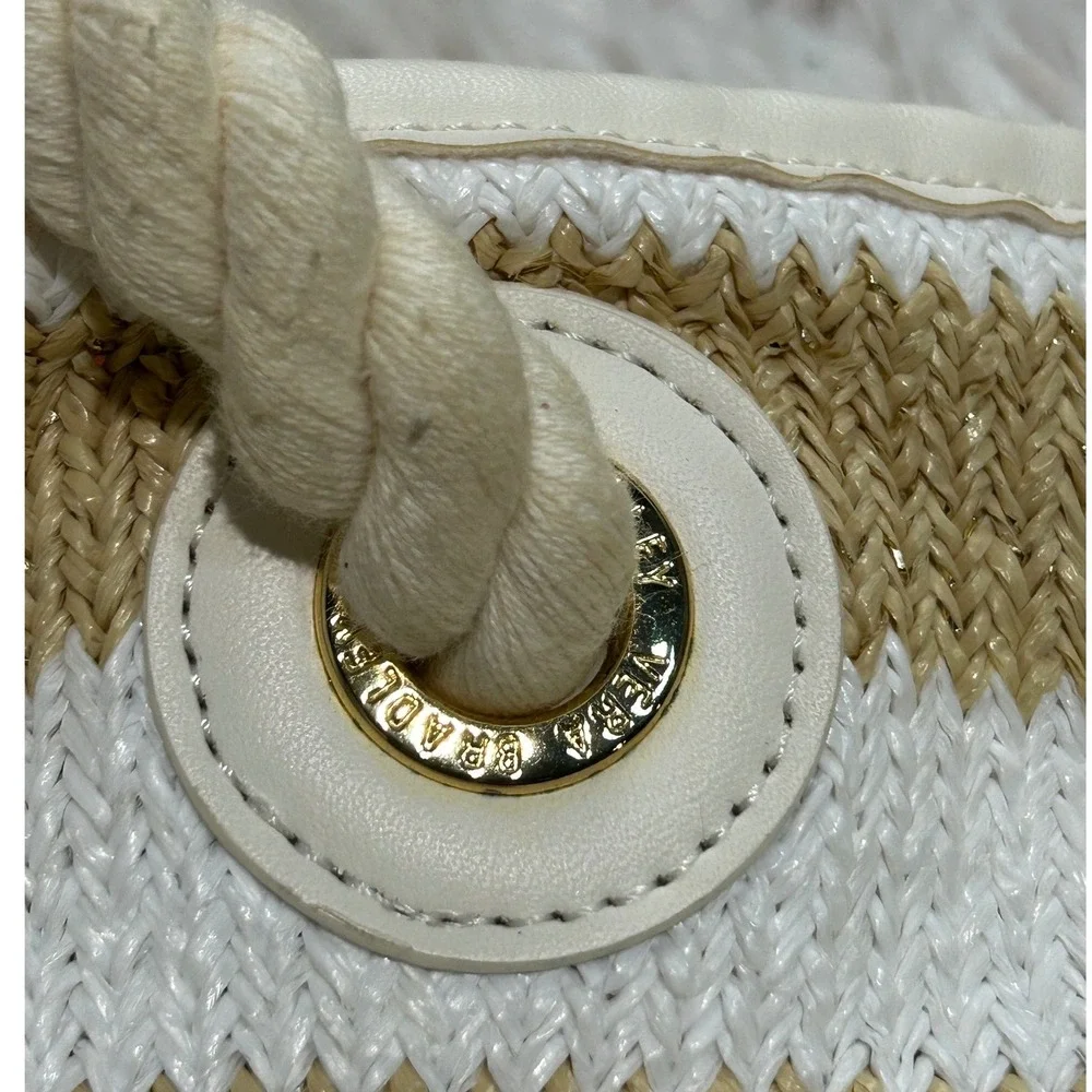Vera Bradley Tote Bag Tan White Striped Woven Straw Rope Handle Coastal Boho